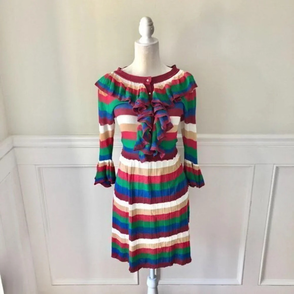 Zhudiao Dresses & Skirts - Bright Stripe Long Sleeve Dress Ruffle M